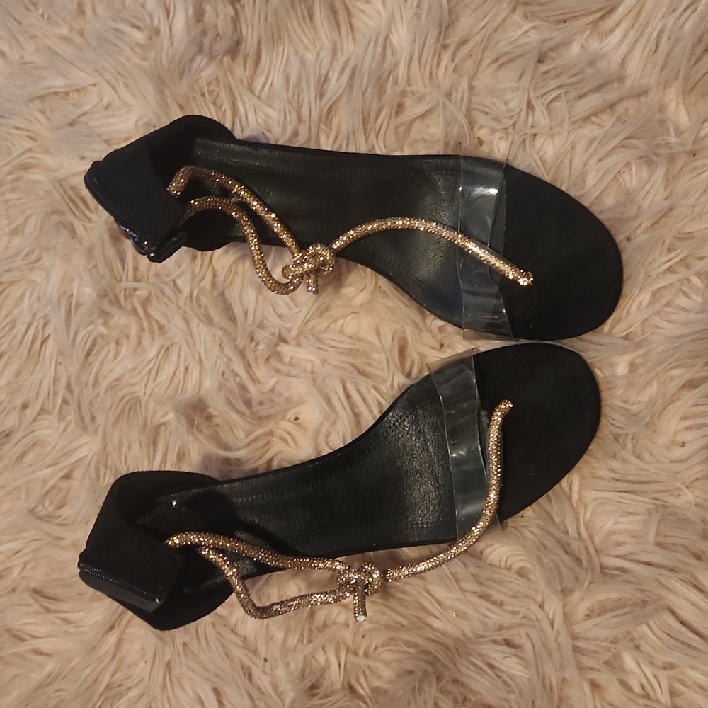 Black & gold clear open toe heels